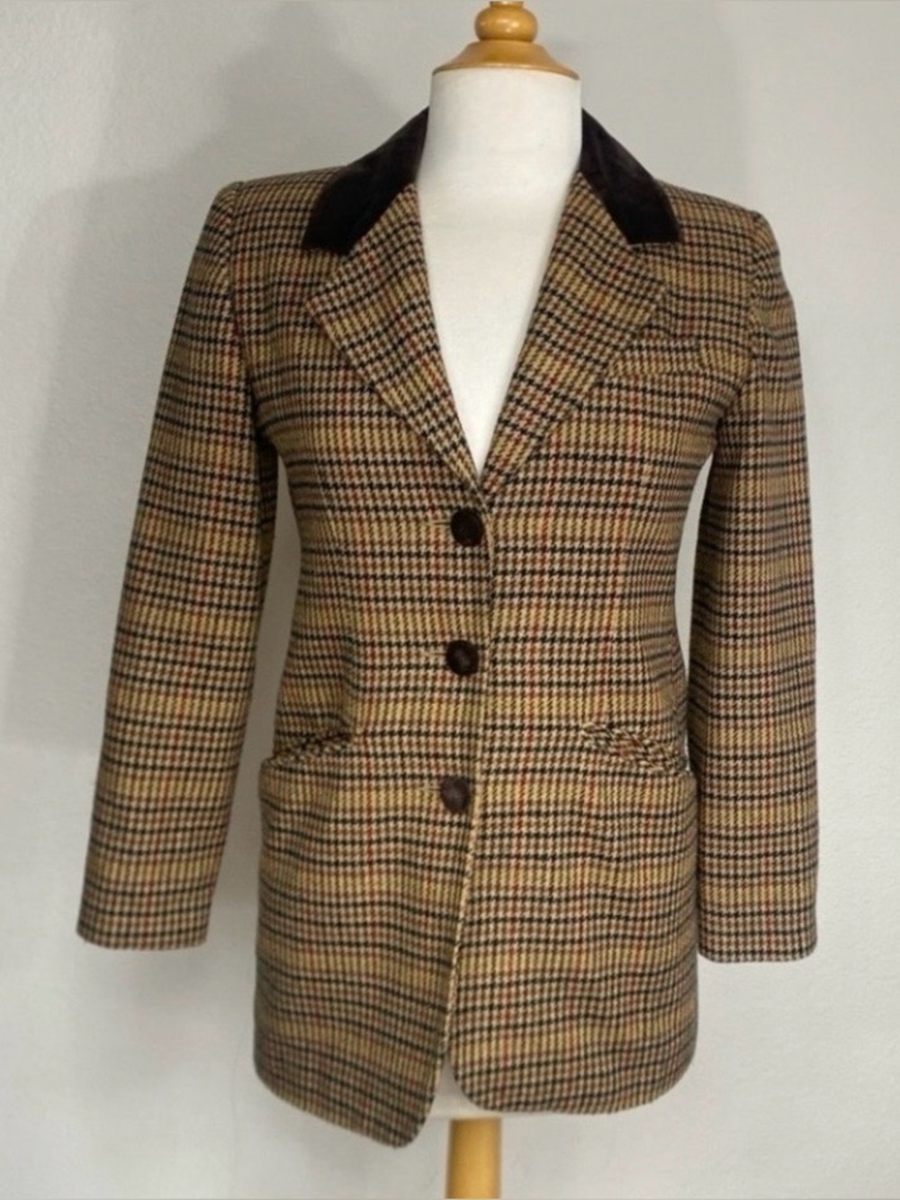Vintage Petite Sophisticate Womens Brown Houndstooth Wool Mix Blazer 2P Classic